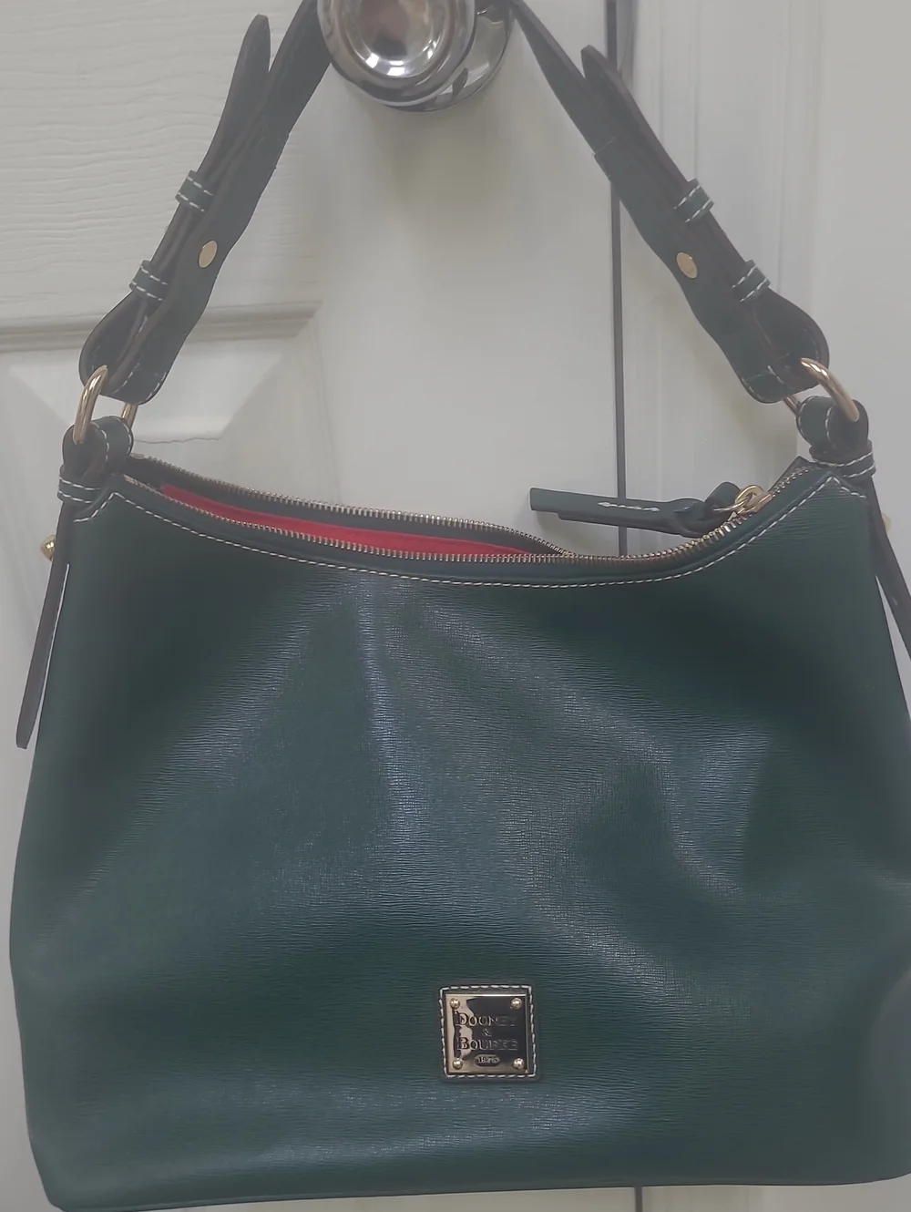 Dooney & Bourke Dark Green Leather Shoulder Bag with Red Trim